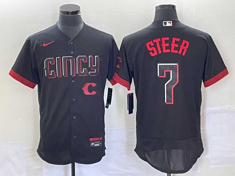 Men%27s Cincinnati Reds Spencer Steer Black 2023 City Connect Flex Base Stitched Jersey